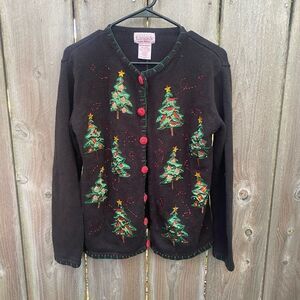 Vintage Christmas Sweater Cardigan Christmas Trees Medium